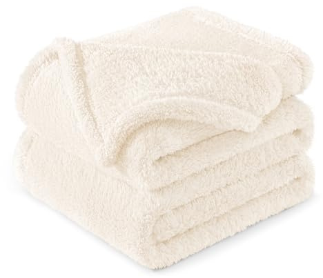 Exclusivo Mezcla Plaid Couverture Polaire, Peluche Velours, Moelleuse et Chaude, pour Canapé ou Lit, Toutes Les Saisons, 130x150 CM, Ivoire