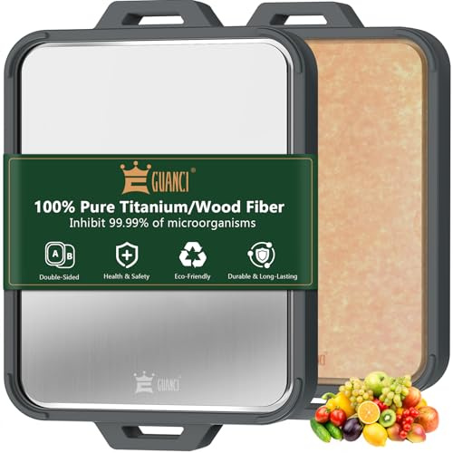 Titanium Cutting Board for Kitchen, Double Sided Pure Titanium and Wood Fiber Cutting Board with Juice Groove, Food Grade Material, for Chopping Meat/Vegetables/Fruit Dishwasher Safe 16×11