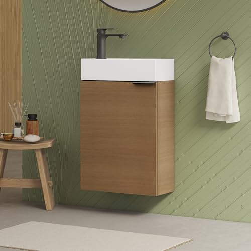 EMKE Waschbecken mit Unterschrank 41 cm, Kompaktes Waschtisch-Set mit Keramikbecken für Gäste-WC & kleines Bad, Waschtisch mit Unterschrank, Sonoma Eiche