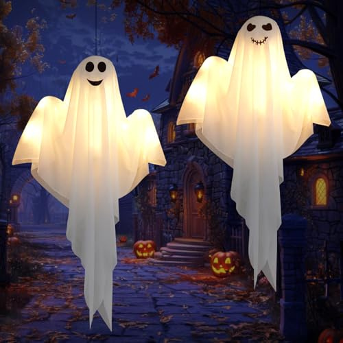 SPERMUOY Halloween deko Geist,3 Stück Halloween deko Outdoor Ghosts Windsock Mit LED Lichtern,Hängende deko Outdoor Ghost für Vorgarten, Terrasse, Rasen, Garten, Partydekor