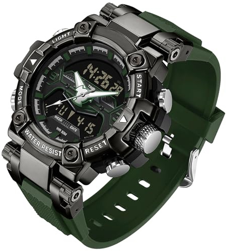 findtime Digital Herren Uhr Analog Armbanduhr für Männer Doppelanzeige Digitaluhr Grün Stoßfeste Sportuhr Uhren mit Stoppuhr LED Beleuchtung Alarm Datum Anzeige