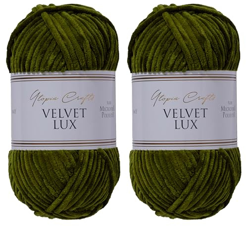 Utopia Crafts Velvet Lux Lot de 2 pelotes de fil chenille super doux pour tricot et crochet, 100 g (olive foncé)