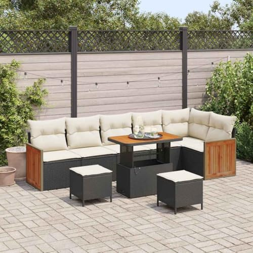 Bucmath Garten-Sofa-Set 9-teilig Schwarz Creme Poly-Rattan, modulares Loungeset für Terrasse, wetterfestes Outdoor-Möbelset mit Akazienholz-Tischplatte, langlebig