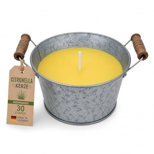 Premium Citronella Kerze Outdoor im Zink-Eimer mit Holzgriffen – 30 Stunden Brenndauer, Made in Germany – Große Duftkerze für Garten, Balkon & Terrasse – Natürliches Zitronella Öl