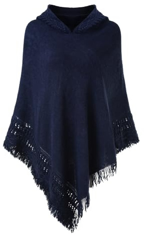 Ferand Ladies' Hooded Cape with Fringed Hem, Crochet Poncho Knitting Patterns for Women, Navy Blue