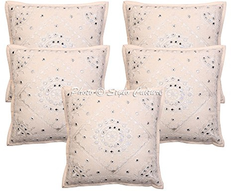 Stylo Culture Ethnico Fundas Almohadones Decorativa 40x40 cm Algodón Espejado Fundas De Cojines Sofa Blanquecino 16x16 Inch Bordado Cuadrado sobre Cojin para La Cama - 5 Pcs