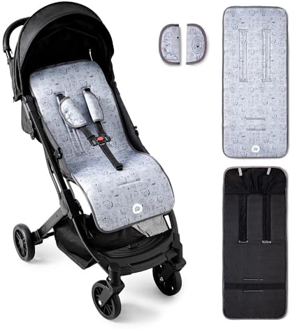 Interbaby Colchoneta Silla Paseo Universal para Verano | Transpirable y Cómoda | Funda Carro Bebe 100% Algodón, 84x34cm, Protectores para Arnés | Funda Silla Paseo Cat Gris