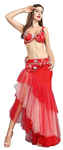 ROYAL SMEELA Bauchtanz-Kostüm für Frauen Bauchtanz Röcke Bauchtanz BH und Gürtel Bauchtanz Outfit Karneval Outfit - Rot - Klein