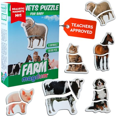 Magdum Große Magnete für Kinder 6 Bauernhoftiere Puzzle 18pcs Lernspielzeug | Realistisches Magnettier für Kühlschrank, Whiteboard – Montessori Lernspielzeug für Vorschule, Zuhause - Geschenk für Kinder