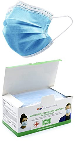 Polonord Adeste Mascherine Chirurgiche, Potere Filtrante 98%, Mascherina Chirurgica Filtrante Monouso di Tipo IIR a 3 Strati, Dispositivo Medico di Classe I, Confezione da 50