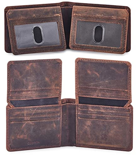 Cochoa Wallet for Men Bifold Leather RFID Blocking High Capacity Slim Card Case with 2 ID Window for Gift (Crazy Horse, Cognac)