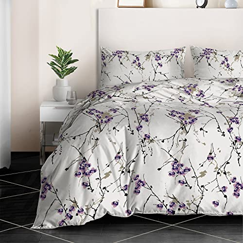 RAYBedding 3PCS Double Duvet Set 100% Egyptian Cotton 400 Thread Count Floral Printed Exotic Lilac Duvet Cover and Pillow Cases 2 Pack