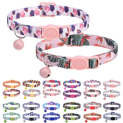DILLYBUD Breakaway Cat Collars for Girl Boy Cats, Spring Summer All Weather Cat Collar Personalized Pattern 2 Pack,Cute Classic Safety Buckles and Bells,Adjustable Printed Nylon Colorful Kitten Collar