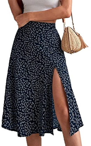 Onsoyours Jupe Longue Femme Ete Taille Elastique Maxi Jupe Fluide Boho Rétro Mode Élégant Imprimé Floral Jupe Plissee Trapeze Printemps Été D Bleu L