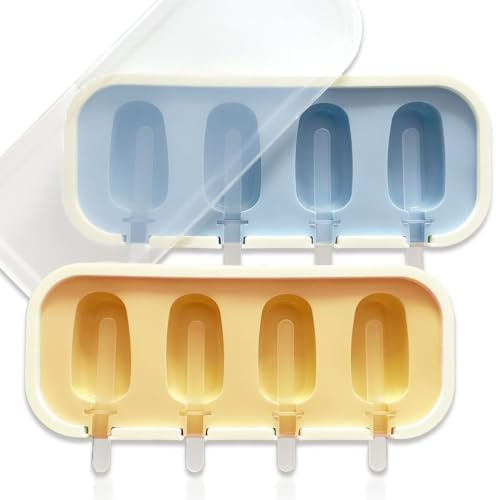 2er Set Silikon Mini Eis am Stiel Formen mit Deckel aus Kunststoff inkl. 12x Stiele aus Kunststoff Eisformen Stieleisformen Stabeisformen (1x Blau, 1x Gelb)