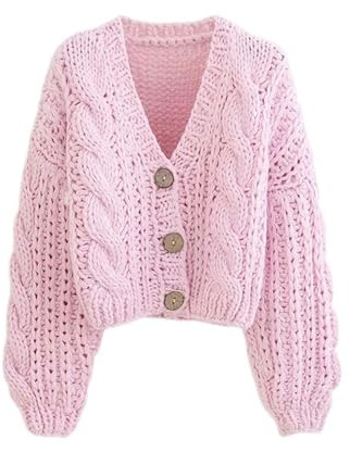 AYAZER Top Fatti a Mano in Maglia Spessa Moda Donna Cardigan Lavorato a Maglia Corto Maglione Giacca da Donna retrò a Maniche Lunghe Chic-Rosa-Taglia Unica