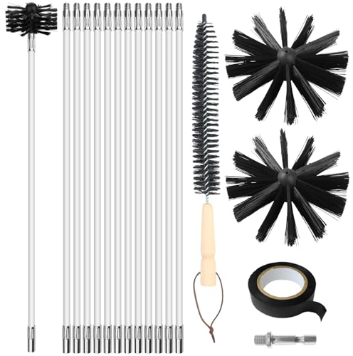 Lvjkes pulizia canna fumaria, set di 16 pezzi per la pulizia delle condutture con 12 aste da 41 cm, 2 teste di spazzola da 10 cm, a asta esagonale da 4,5 cm, a spazzola con manico in legno da 38 cm