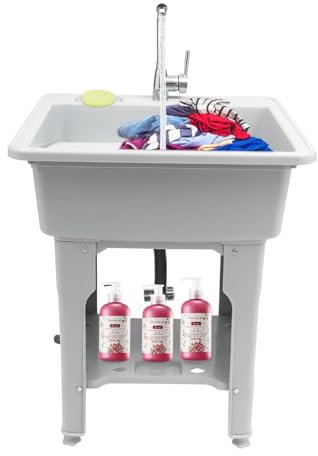 Evier Buanderie, Évier à Linge Autoportant en Plastique Avec Robinet Rotatif à 360 °, Évier Utilitaire Avec Étagère de Rangement et Planche à Laver, for Salle de Lavage, Sous-sol, Garage, Jardin