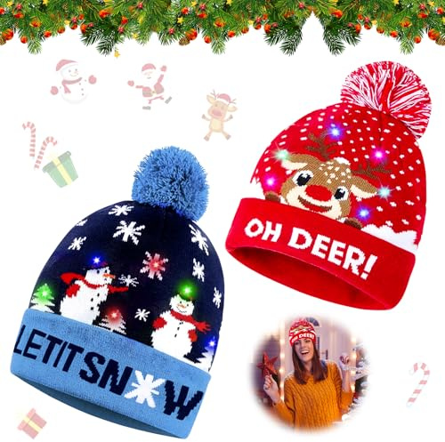 2 Gorros de Navidad LED para Niños y Adultos - Gorro de Papá Noel con Luz para Fiestas, Invierno y Vacaciones