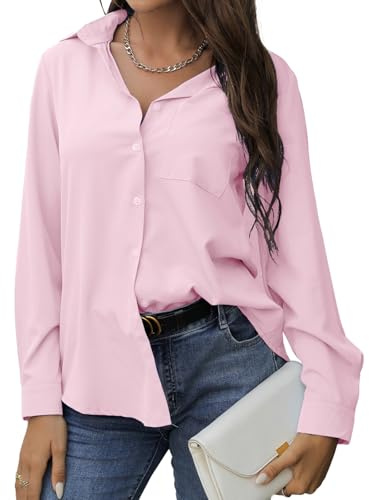 EDOTON Camicetta Donna Elegante Bluse Casual a Maniche Lunghe Bottoni Camicetta con Scollo a V vestibilità Tinta Unita Blusa con Tasca (Rosa,XL)