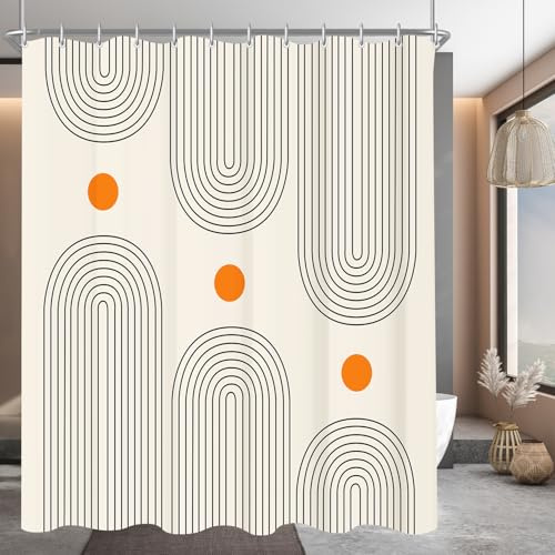 Lerores Duschvorhang 180x200cm Geometrische Kurve, Beschwerter Saum Antischimmel Textil, Wasserabweisend, Waschbar Polyester Stoff Badevorhänge für Badezimmer, Badewanne mit 12 Duschvorhangringe