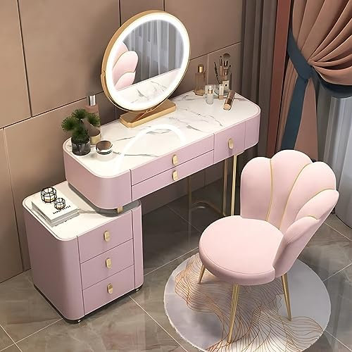 Schminktisch aus Massivholz mit Schieferplatte, 6 Schubladen, Beistellschrank, Blumenförmiger Stuhl und schicker Make-up-Spiegel, Rosa, 80 cm Höhe, ideal für Mädchen