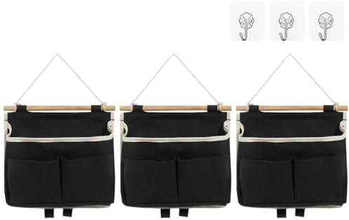 Kellegour Lot de 3 sacs suspendus à 3 compartiments - Organiseur mural avec crochets - Sac de rangement suspendu pour la maison, le couloir, le bureau, le dortoir - Noir
