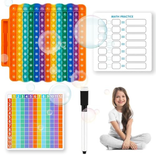 Silicone Times Tables Poster, 0-144 Educational Times Table Poppet 12x12 Set, Pop It Fidget Toys for Learn Math Multiplication Tables, Stress Relief Squeeze Toy (Multiplication Pop It,Pen,Card)