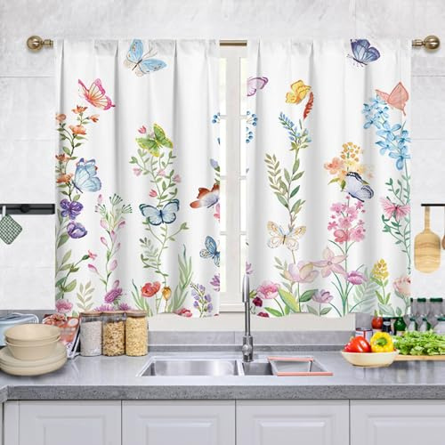 Highdi 2 Stück Kurzgardine Modern Wohnzimmer Küchen, Kurzer Vorhang Fenster Durchscheinend Fenstergardinen, Bistrogardine Stab Tasche Halbe Fenster Behandlung für Home Decor (Schmetterling,70x50cm)