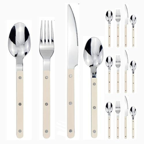 16 Pièces Pince Poignée Cuisine en Acier Inoxydable Argenterie Vaisselle Couverts Couteaux Fourchettes Cuillères Ensemble pour 4 Personnes Hôtel Maison Couteau À Steak Cuillère Dessert (Blanc)