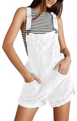 2025 - Peto de mezclilla ajustable elástico casual para mujer, jeans, pantalones cortos, monos de playa, Blanco, XL