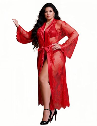 ohyeahlady Sexig damspets badrock erotisk strandklänning lång genomskinlig kimono lång strand babydoll transparent sexiga heta döljer tröjor och saronger morgonrock sommar lätt nattlinne, Färg: röd