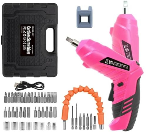 KALAHOL 49 in 1 Piece Electric Screwdrivers Cordless, 3.6V Rotatable 90 Degrees Cordless Screwdriver Rechargeable, Electric Screwdriver Set with 1300mAh Rechargeable Battery for Home DIY, Pink