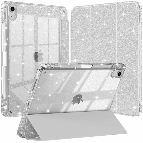 Newbillion Custodia per iPad (A16) 11a Generazione 11 2025/10a Gen 10,9 2022, Cover Trifold Sottile con Glitter Posteriore in PC Trasparente con Portapenne, Auto Sveglia/Sonno, Glitter Argento