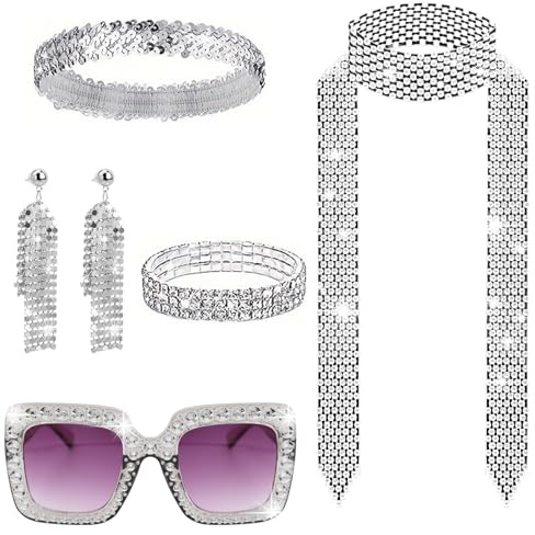6Pcs Disco Accessoires 70er Jahre Kostüm Glitzer Baskenmütze Disco Hut Pailletten Stulpen Disco Brille Sonnenbrille Discokugel Ohrringe 70er 80er Jahre Outfit Damen für Fasching Karneval Kostüm