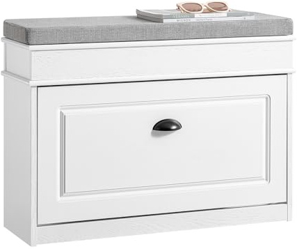 SoBuy Zapatero Entrada Recibidor con Cajón – Banco Zapatero con Asiento y Almacenaje Compacto – Puff para Recibidor, Dormitorio o Salón, Efecto Madera Envejecida Blanca 75x24x54cm FSR82-L-WG