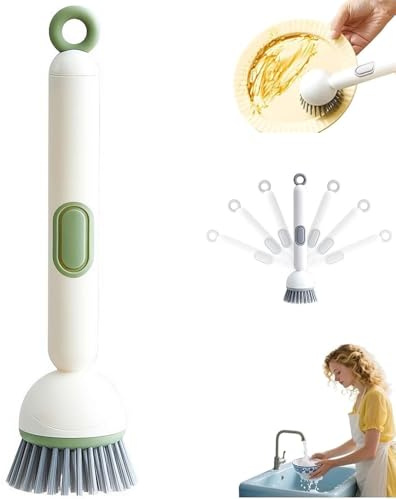 BRRDASJO Cepillo de Limpieza Ajustable con dispensador de líquido, cepillos for Platos con dispensador de jabón, cepillos for Fregar Platos de Cocina con Mango, estropajos de Limpieza.(Green)
