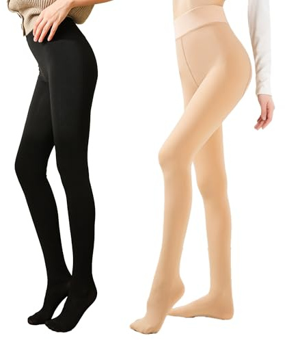 L&K-II Termostrumpbyxor för kvinnor med innerfoder vinter varma ogenomskinliga termostrumpbyxor gosiga sömlösa treggings hög midja sport snäva flera färger 4152, 2-pack svart + hudfärg, S