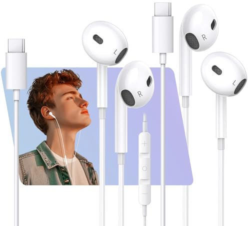 USB C Headphones, 2 Pack USB Type C Earphones for iPhone 17 HiFi Stereo Noise Earbuds reduction with Mic&Volume Control for iPhone 16 pro, i Pad Pro, Galaxy S23/S22/S21/S20/Ultra Note 10/20, Pixel 7/6