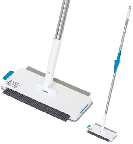 BLACK+DECKER BXFM64539E Balai de nettoyage multifonction 7 en 1 avec brosse de balayage, suceur plat, raclette et plumeau, manche télescopique, tête rotative à 360°, acier inoxydable, 33 x 11 x 135 cm