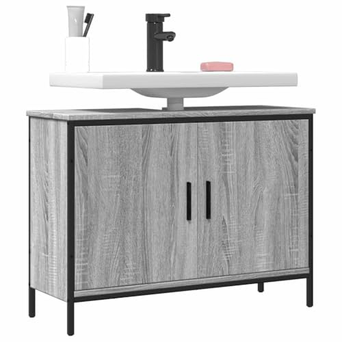 Mobile Base Lavabo in Legno Grigio Sonoma, Struttura Robusta con Acciaio Verniciato, Design Salvaspazio con Ripiano per Lavandino, Mobiletto Sotto Lavabo Bagno, Armadietto da Bagno, 80x30x60 cm