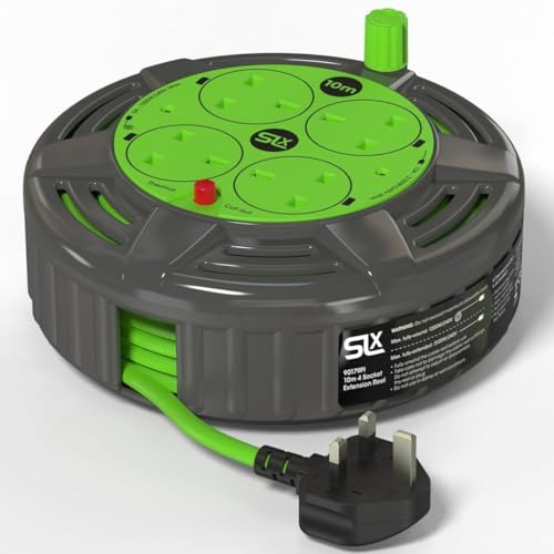 SLx Extension Lead 10m 4 Socket Compact Cable Reel with Thermal Cut Out, Heavy Duty Extension Cable for Garden, Lawn Mower and Office, 13A Fused UK Plug in Grey & Green
