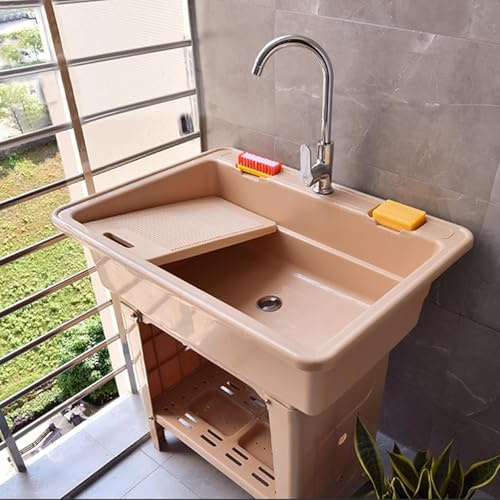 Évier d'extérieur autonome en plastique avec robinet et planche à laver | Station de lavage utilitaire portable pour jardin, camping, garage (C, 80 x 58 x 80 cm)