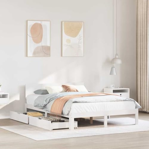 Holamys Massivholzbett mit Schubladen Weiß, 160x200 cm Kiefernholz, Robustes Bettgestell mit Lattenrost, Stauraum für Schlafzimmer, langlebige Möbel