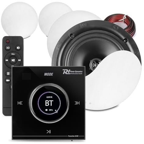 Powerline Bluetooth Ceiling Speaker System with LCD Touch Amplifier – Includes 4x 6.5-Inch Low Profile Ceiling Speakers, Black Wall Amplifier, 10m Speaker Cable Kit – Home Audio Solution