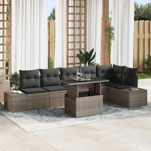 Bucmath Garten-Sofa-Set mit Kissen mit Stauraum, 7-teilig, Grau, Poly-Rattan & Stahlrahmen, modulares Loungeset für Terrasse, Garten, Outdoor-Möbel