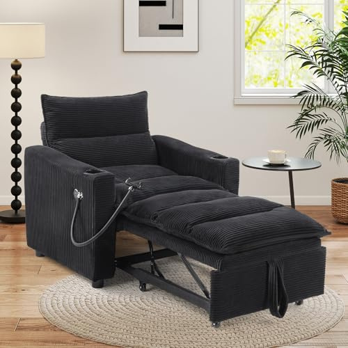 HAOMARKETS Corduroy Sleeper Sofa Bed with 2 Cup Holders, 3-in-1 Convertible Pullout Futon Couch with Phone Holder&USB Charge Port, Single Chair with 3-Level Adjustable Backrest for Living Room