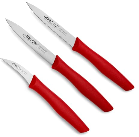 Arcos Set 3 Cuchillos Peladores. 3 Cuchillos Peladores Acero Inoxidable y Mango Ergonómico Polipropileno para Cortar Frutas, Verduras y Tubérculos. Serie Nova. Color Rojo.