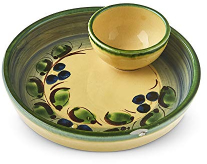 Olive Plate with Mini Bowl. Handmade and Hand Painted in Cordoba, Spain (Cream and Green Plate with Green Rim. Olive and Flower Pattern. 1 …)