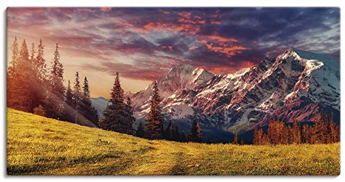 ARTLAND Wanddeko Leinwand Bilder Wandbild Querformat Landschaft Berge Alpen Natur Wald Sonnenuntergang U1RI